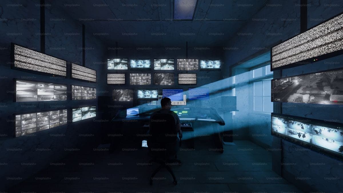 A security officer monitors multiple surveillance screens
